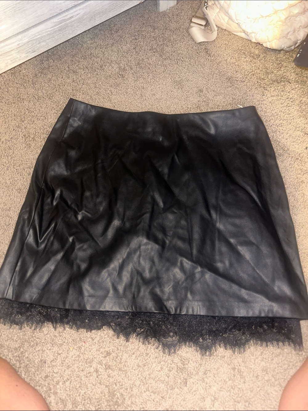 BCBG SZ large Black Faux Leather Mini Skirt with Lace Trim